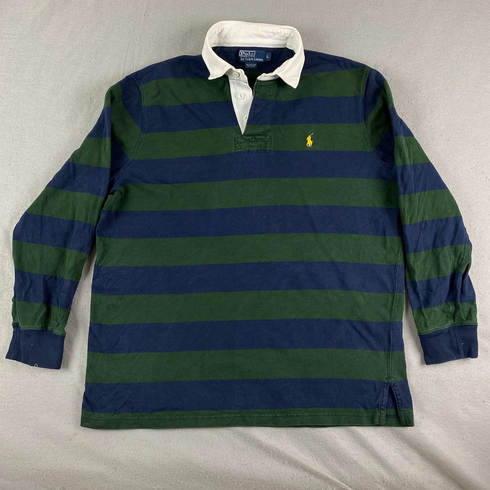 VTG Polo Ralph Lauren Rugby Shirt Men L green Blue Striped Long Sleeve Pony